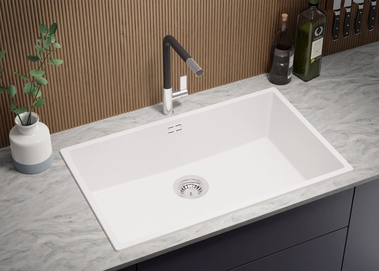 PRIMAGRAN Spülbecken Weiß 76x47cm, Granitspüle 1 Becken + Ablauf-Set, Küchenspüle ab 80er Unterschrank - London Slim