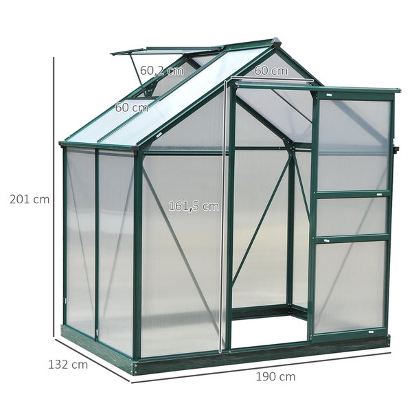 Outsunny Gewächshaus Aluminium Treibhaus mit Dachfenster Tür 190 x 132 x 201 cm Pflanzenhaus mit Fundament begehbares Tomatenhaus Witterungsbeständig Polycarbonat Grün+Transparent