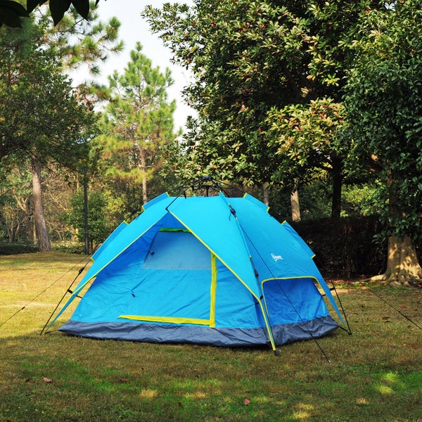 Outsunny Campingzelt, Sekundenzelt, Automatisch, für 3-4 Personen, L230 x B200 x H135cm, Fiberglas,Polyester,PE, Blau+Gelb