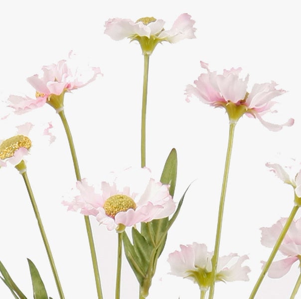 Kunstblume mit rosa Blüten, gelber Mitte und grünen Stielen.