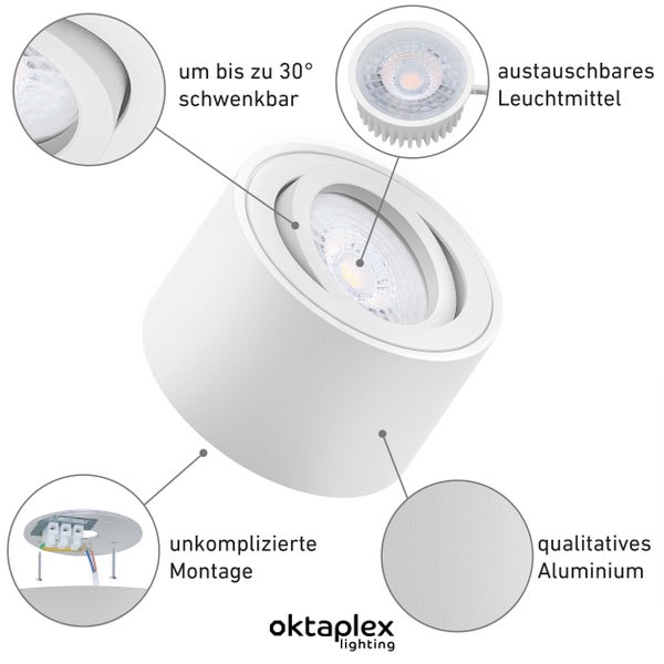 Aufbauspot Lile Weiß 6 Stück inkl. LED Modul 4,8W 4000K Neutralweiß 380 Lumen 110° breitstrahlend Aluminium Schwenkbar