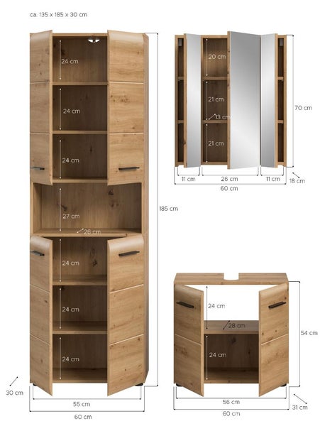 Badezimmermöbel-Set in Eichenoptik mit Maßangaben für Hochschrank, Spiegelschrank und Waschbeckenunterschrank.