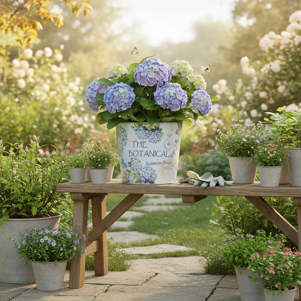 Helle Gartenszene mit Hortensien in dekorativem Topf auf einer Holzbank, mit weiteren Topfpflanzen, Gartenhandschuhen und Pflanzkelle.