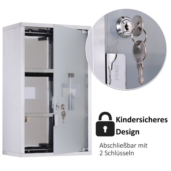 HOMCOM Medizinschrank Arzneischrank Erste Hilfe Schrank mit Schloss Edelstahl 30 x 18 x 50 cm