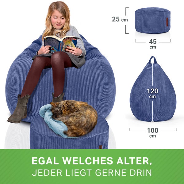 Green Bean 2er Set Indoor XXL Sitzsack + Pouf mit EPS-Perlen Füllung - Fußhocker Fußkissen Hocker Bodenkissen Liegekissen Sitzkissen Lounge Chair - Dunkelblau