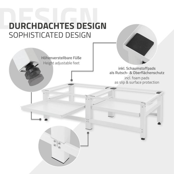 ML-Design Doppel Waschmaschinen-Untergestell mit 2 ausziehbaren Ablagen, Weiß, aus Stahl, bis 2x 150kg+10 kg, verstellbare Füße, Waschmaschinensockel 2-Fach, Doppeluntergestell Doppelpodest Erhöhung