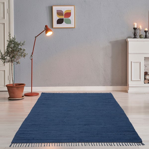 Handgewebter Fleckerlteppich aus Baumwolle Chindi Blau 40x60 cm