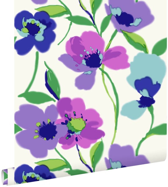 ESTAhome Tapete Mohnblumen Lila und Türkis - 53 cm x 10.05 m - 128028