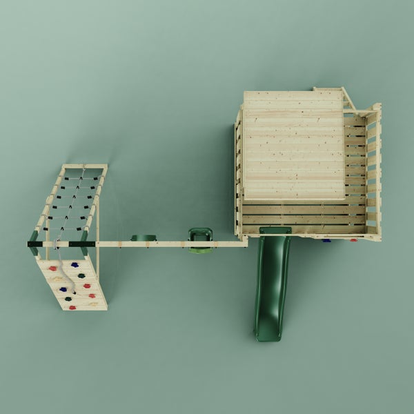 Spielturm aus Holz mit Wellenrutsche, Doppelschaukel, Kletterwand und Kletternetz. Stabiles Outdoor-Spielgerät für den Garten.