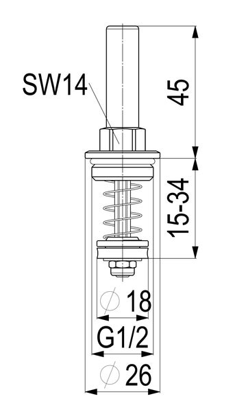Technische Zeichnung eines Ventiloberteils: Schlüsselweite 14, Länge 45 Millimeter, G 1/2 Zoll Gewinde, Durchmesser 18 und 26 Millimeter.