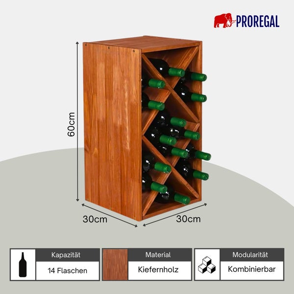 Weinregal aus Kiefernholz für 14 Flaschen, Maße 60 mal 30 mal 30 Zentimeter, modular kombinierbar, Proregal Logo.