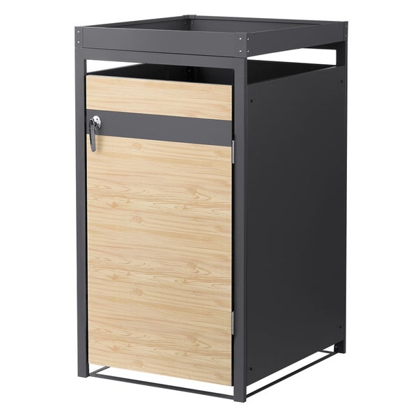 Mülltonnenbox aus Metall in Anthrazit mit Pflanzwanne, Tür in Holzoptik und integriertem Schloss.