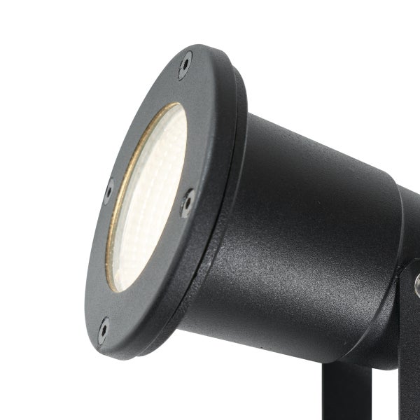 Schwarzer Außenstrahler mit zylindrischem Gehäuse und runder Glasabdeckung.