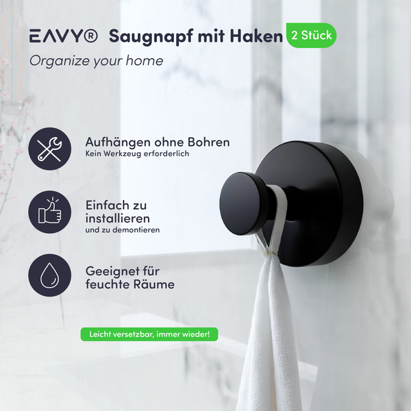 EAVY Handtuchhaken Edelstahl Schwarz mit Saugnapf 2er Pack