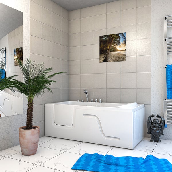 Badezimmer mit Badewanne, Zimmerpflanze, Handtuchwärmer und Dekoration