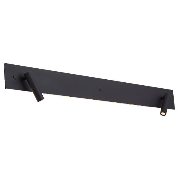 Moderne schwarze LED-Wandleuchte mit zwei verstellbaren Spots, USB-Anschluss und Schalter.