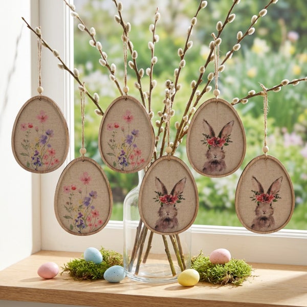 Osterdeko mit hängenden Eiern aus Holz und Stoff mit Blumen- und Hasenmotiven an Weidenkätzchenzweigen in einer Glasvase auf einer Fensterbank.