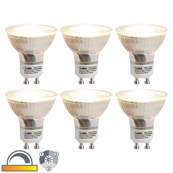 Set mit 6 GU10 3-Stufen-Dimm-zu-Warm-LED-Lampen 5W 380 lm 2000-2700K