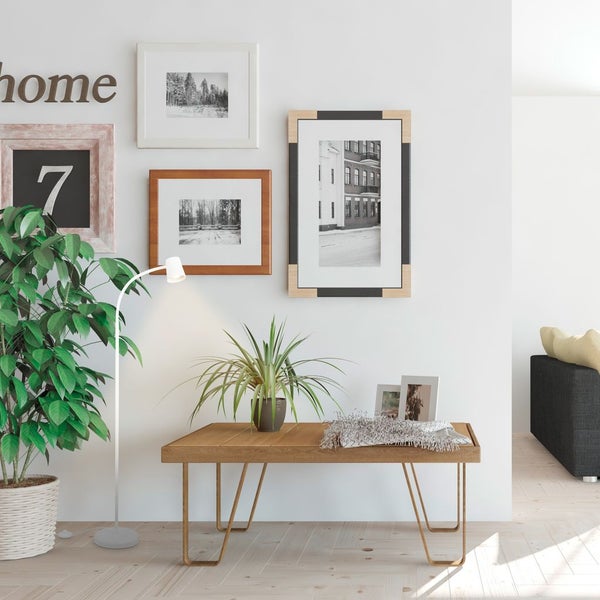 Wohnzimmer mit Holzbank, Zimmerpflanzen, Stehlampe und Bilderrahmen an der Wand