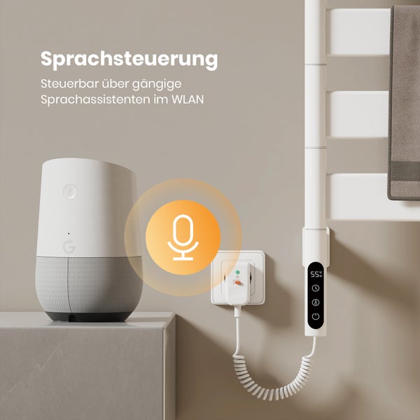 EMKE Elektrischer Badheizkörper 760×450 mm, 120W, Handtuchheizkörper mit LCD, WLAN & Timer, IPX5, Wandmontage, Ablage, Weiß