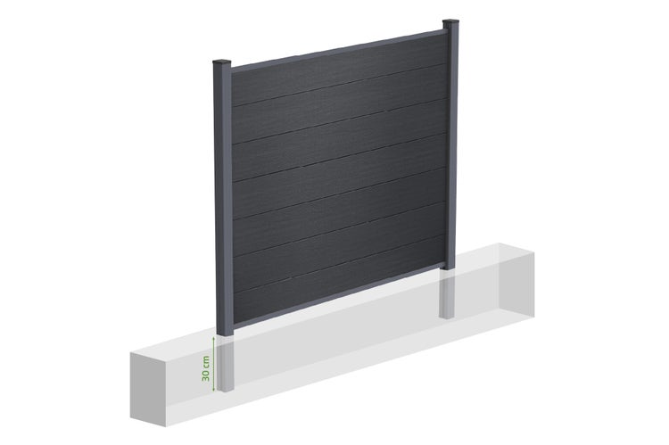 Anthrazitfarbener Sichtschutzzaun mit horizontalen Lamellen und Pfosten, Darstellung der Einbautiefe von 30 Zentimeter im Fundament.