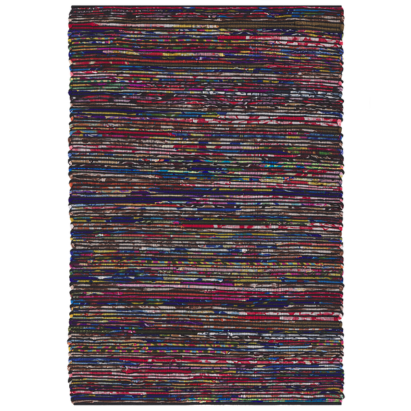 Handgewebter Fleckerlteppich aus Baumwollmix mit bunten Querstreifen.
