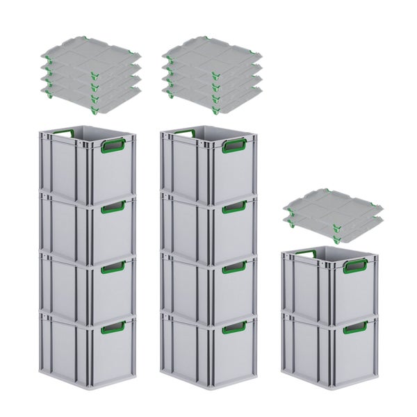 PROREGAL Spar Set 10x Eurobox Nextgen Color Mit Auflagedeckel & Schiebeschnappverschlüsse HxBxT 32 x 30 x 40 cm Griffe Grün Offen Glatter Boden