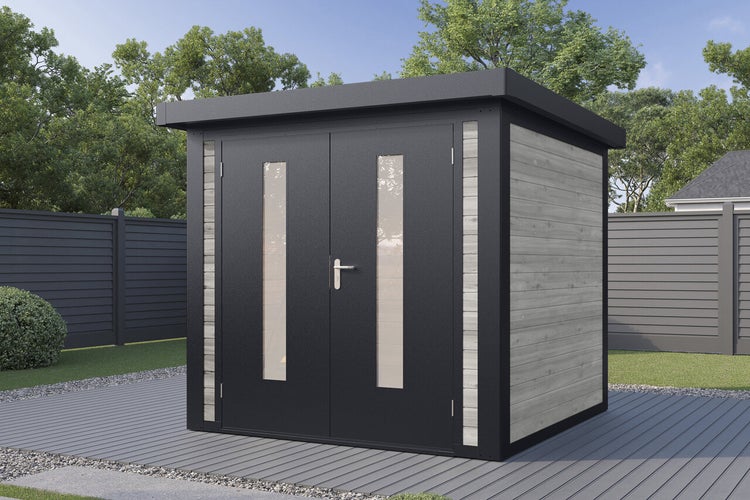 Modernes Gartenhaus mit Flachdach und Doppeltür mit Glaseinsätzen, stehend auf einer Terrasse in einem Garten.