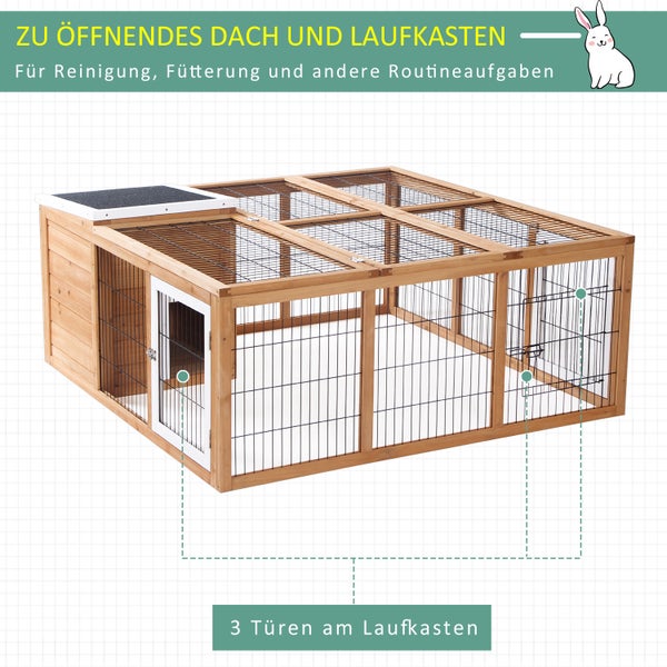 PawHut Kaninchenstall Kleintiergehege mit Dach zum Öffnen Kleintierkäfig Meerschweinchenstall mit Freigehege für draußen wetterbeständig Tannenholz Natur 123 x 120 x 52 cm
