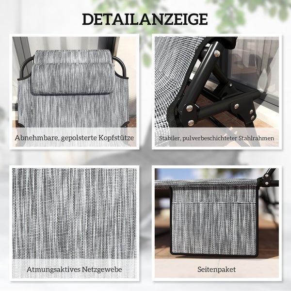 Detailansicht eines Gartenstuhls mit abnehmbarer gepolsterter Kopfstütze, stabilem Stahlrahmen, atmungsaktivem Netzgewebe und Seitentasche.