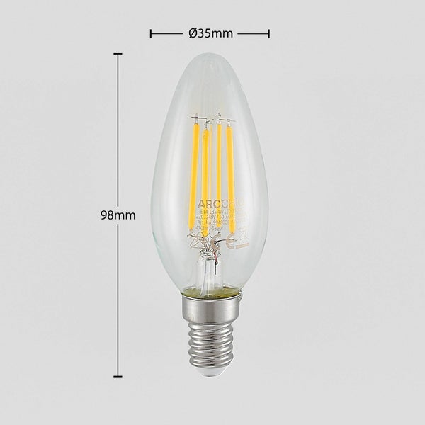 Arcchio LED-Filament-Kerze E14 mit Maßen: Höhe 98 Millimeter, Durchmesser 35 Millimeter.