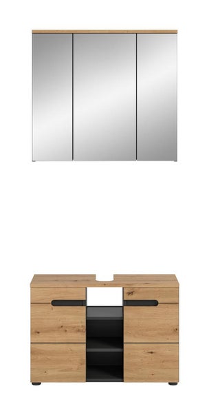 Badezimmermöbel-Set bestehend aus dreitürigem Spiegelschrank und Waschbeckenunterschrank in Eichenoptik mit dunklen Regalfächern.