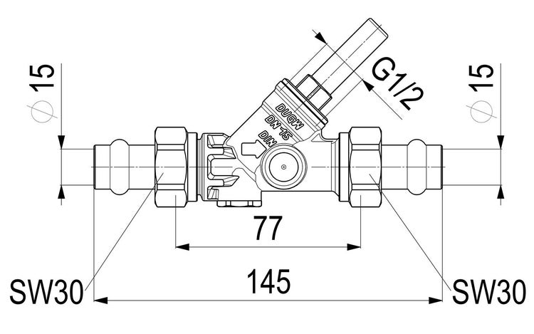 Technische Zeichnung eines Schrägsitzventils mit Maßangaben in Millimetern und Anschlussgrößen G ein halb Zoll und Durchmesser 15 Millimeter.