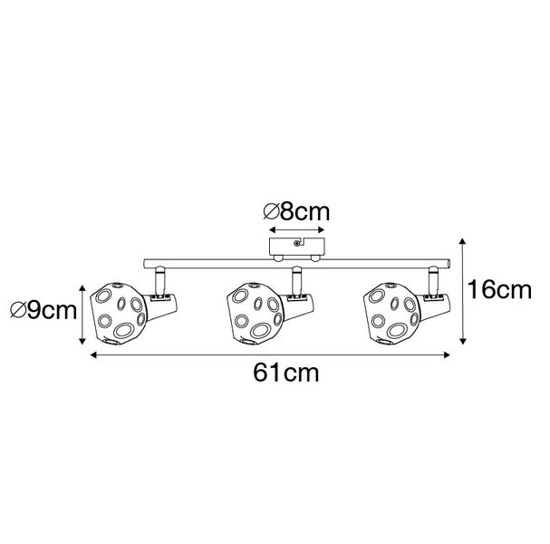 Technische Zeichnung einer Deckenleuchte mit drei Strahlern und Maßangaben