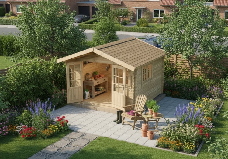 Garten Szene mit einem Holzgartenhaus, Blumen und Gartenmöbeln