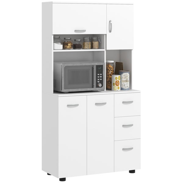 HOMCOM Küchenschrank, Hochschrank mit 3 Schubladen, verstellbaren Einlegeböden, Küchenbuffet mit Mikrowellenregal, Kippschutz für Wohnzimmer, Esszimmer, 89 x 39,5 x 168 cm, Weiß