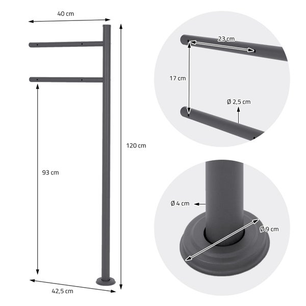 Metallständer mit zwei Armen und Maßangaben: Höhe 120 Zentimeter, Breite 40 Zentimeter, Stangendurchmesser 4 Zentimeter, Fußdurchmesser 9 Zentimeter.