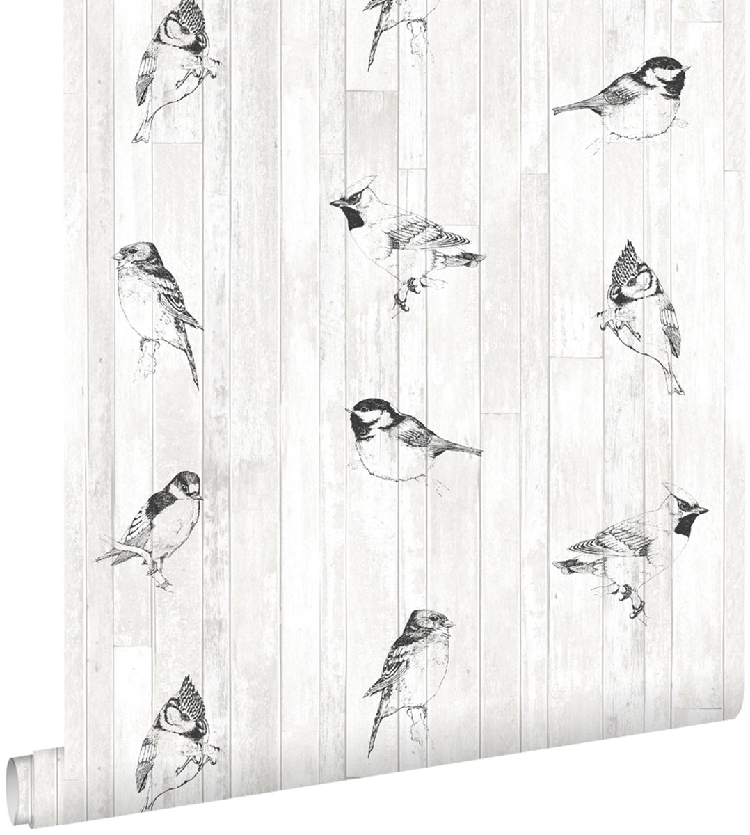ESTAhome Tapete Handgemalte Vögel auf hölzenern vintage Brettern Schwarz und Weiß - 53 cm x 10,05 m - 128834