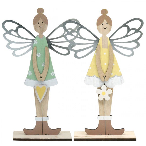 Zwei dekorative Holzfiguren von Engeln mit Flügeln und Blumenverzierungen auf einem Holzsockel