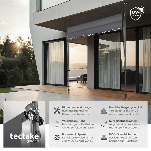 Klemmmarkise tectake  einfache Montage mit Handkurbel schwarz/grau