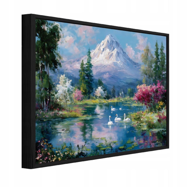 Gemälde mit See, Schwänen, Berg und Bäumen im Rahmen