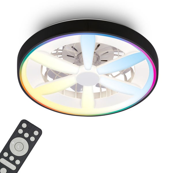 Runder Deckenventilator mit integriertem RGB-LED-Licht, schwarzem Rahmen und Fernbedienung.