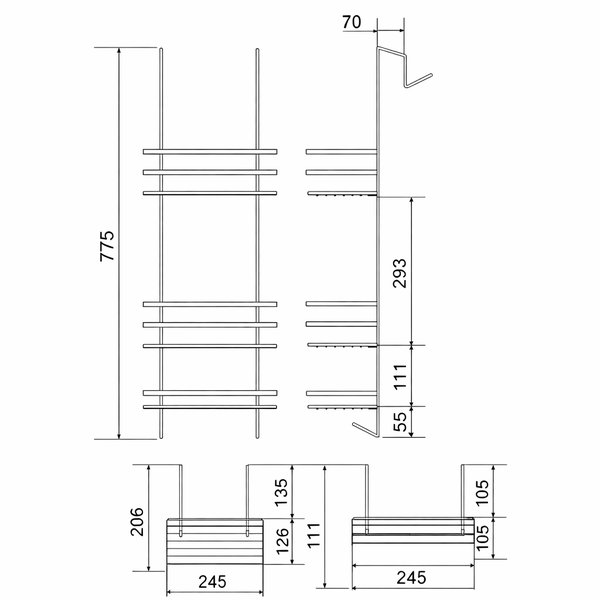 Technische Zeichnung eines Duschregals zum Einhängen mit Maßen: Höhe 775 Millimeter, Breite 245 Millimeter, Tiefe 206 Millimeter.