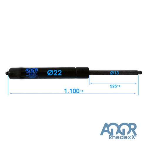 Rhedexx Gasdruckfeder, Gesamtlänge 1100 Millimeter, Hub 525 Millimeter, Zylinderdurchmesser 22 Millimeter, Kolbenstangendurchmesser 13 Millimeter.