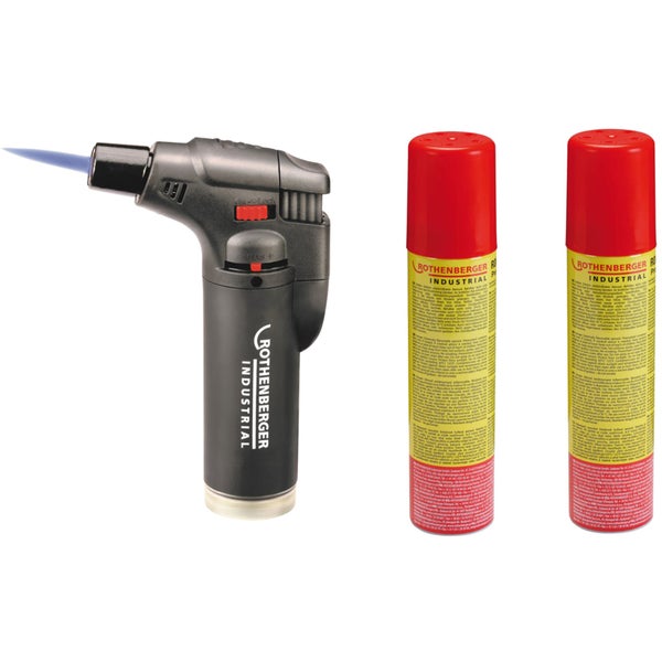 Drei Rothenberger Industrial Mikrobrenner in verschiedenen Metallic-Farben mit jeweils einer aktiven blauen Flamme.