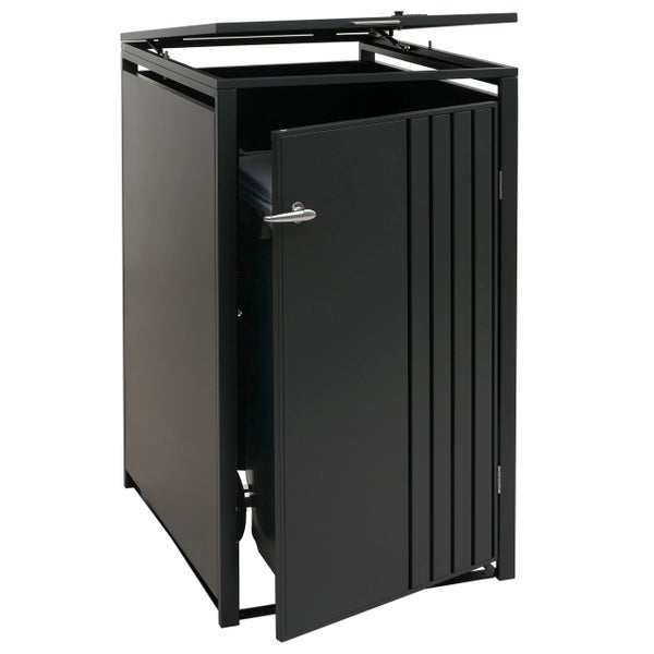 Mülltonnenbox für eine Mülltonne mit geöffneter Tür und Deckel.