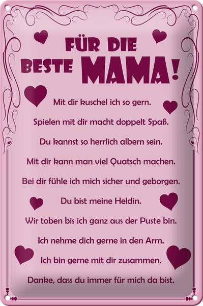 Blechschild Spruch 20x30cm Für die beste Mama