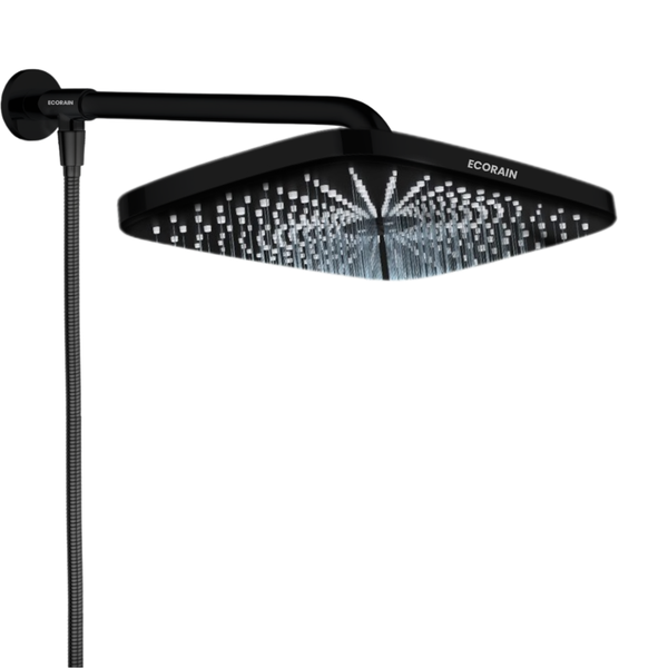 EcoRain 30% Wassersparender Regenduschkopf Melvin 30 CM mit Wand-Duscharm und Schlauchanschluss - Hoher Wasserdruck - Universeller Anschluss - Anti-Kalk Duschkopf - Schwarz