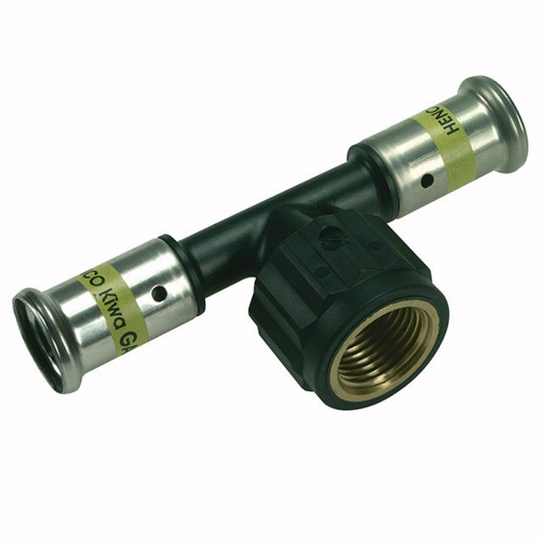 Henco Gas T-Stück Press-Fitting mit zwei Pressanschlüssen und einem Innengewinde aus Kunststoff und Edelstahl.