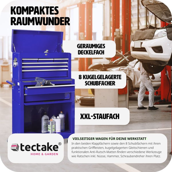 Werkzeugwagen tectake  Rollen Ø 100 mm 8 kugelgelagerte Schubladen mit Antirutschmatten blau